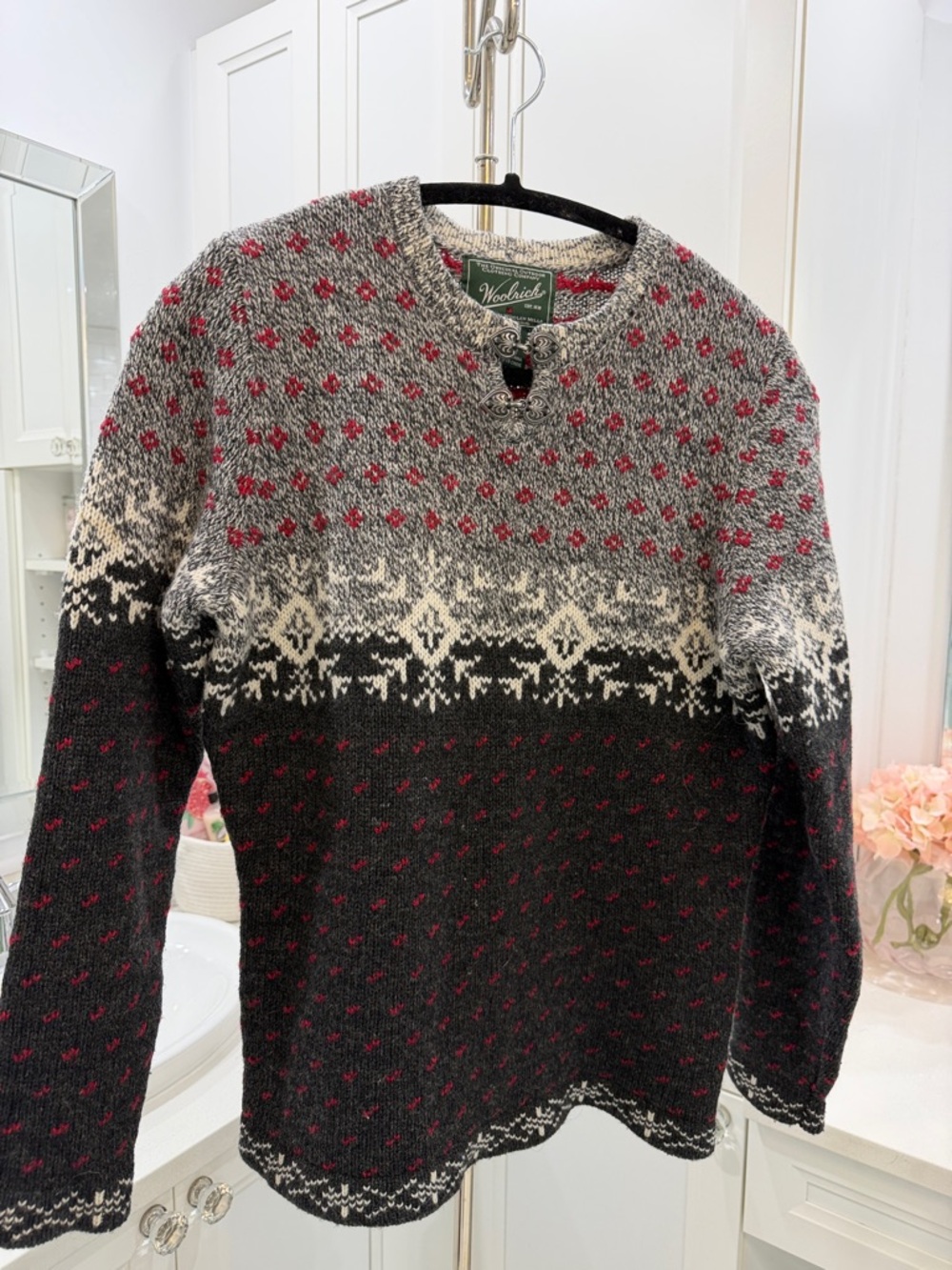 Woolrich Black, Gray & Red Fair Isle Crewneck Sweater